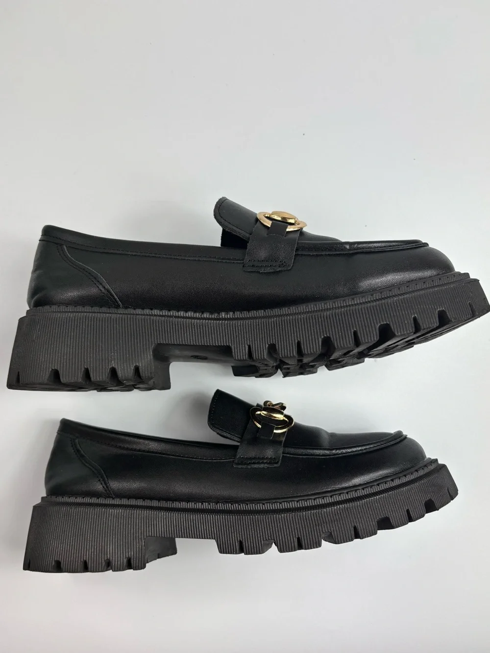 Chunky Black Faux Leather Loafers Flats Gold Metal Buckle US 9 EU 40